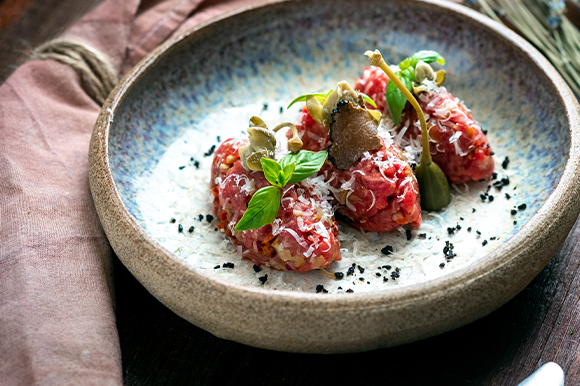 Beef Tartare, Fried Garlic, Yellow Mustard Emulsion | Mayrand Food Depot